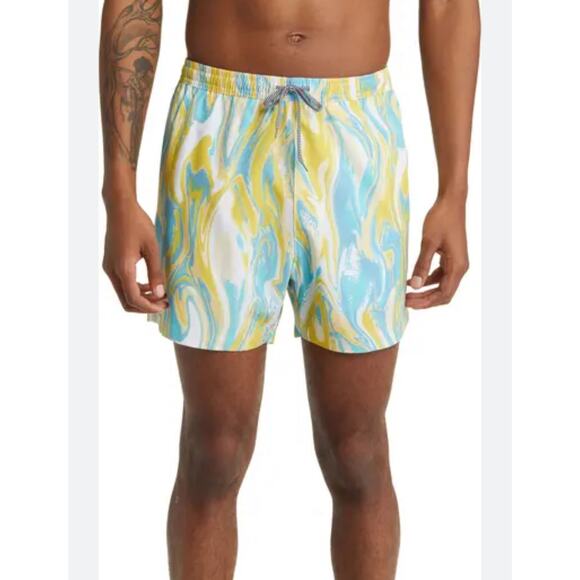 Open Edit Men's Yellow/Blue Swirl Recycled Volley Swim Trunks XL NWT - Picture 1 of 9